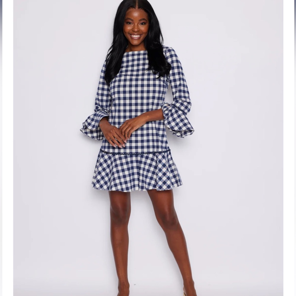 NWT Size L Sail to Sable long sleeve Navy Blue & White Gingham Dress 100…